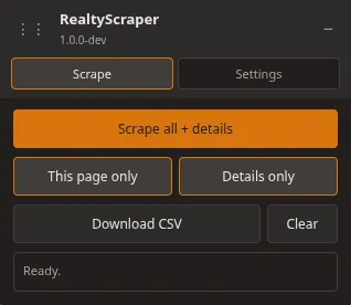 RealtyScraper extension panel with Scrape and Settings tabs on a Zillow search page